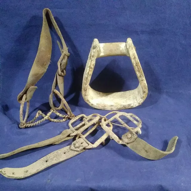 7 Pieces Vintage Horse Tack Leather Bridle & Bit ,Wooden & Iron Stirups,