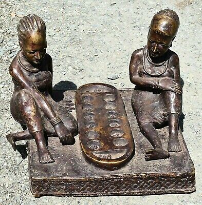 Old African Benin Kingdom Bronze Women Playing Wari Game Statue Nigeria, Africa