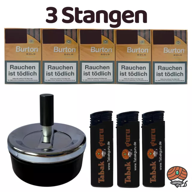 3 Stangen Burton Gold Filter Zigarillos (17 Stück / Schachtel) + Zubehör