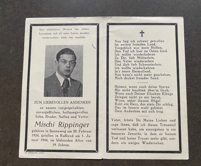 STERBEBILD WK 2/DEATH Card WW2 Luxembourg Luxemburg Bonnevoie EUR 6,00