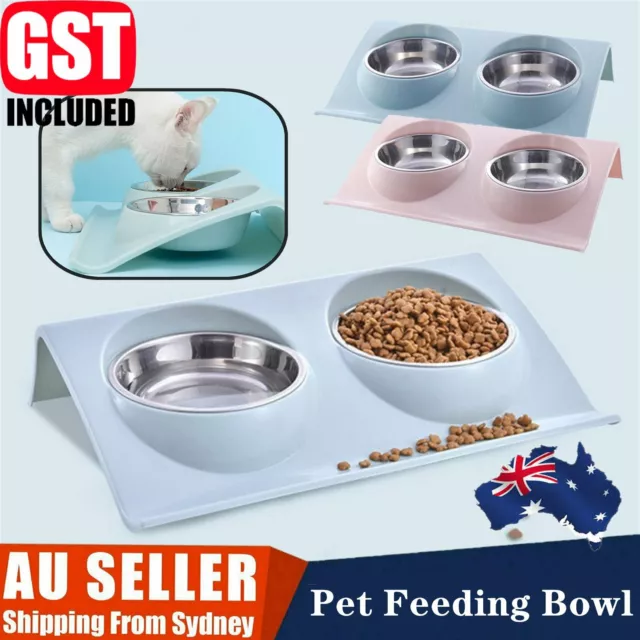 Stainless Steel Double Pet Bowl Twin Dog Food Feeder Station Dish Water Cat AU