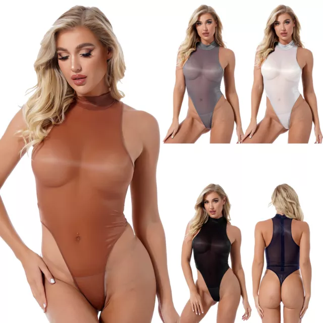 Sexy Women Glossy Long Sleeve One-Piece Lingerie High Cut Thong Bodysuit  Leotard