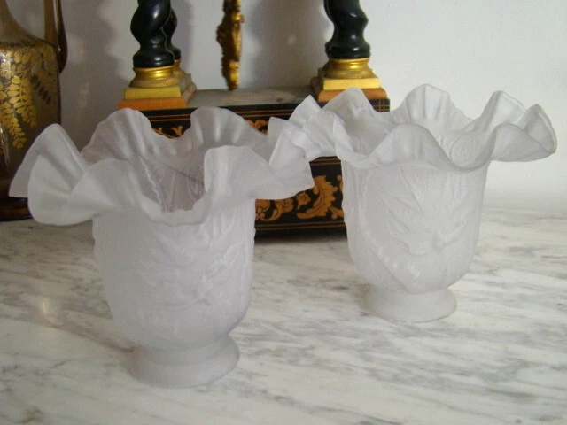 Paire De Tulipe En Verre Depoli Signee Decor En Relief Au Chardon Art Nouveau