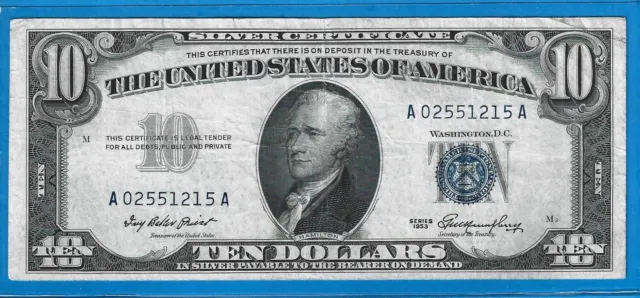 1953 $10 Silver Certificate Note,Blue Seal,Circ VF,Nice!