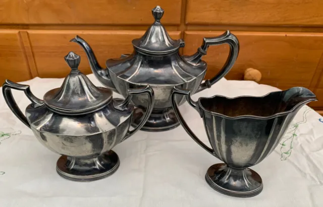 Antique Vintage Wallace Bros Silver Co Teapot,Sugar,Creamer Silver Plated Set