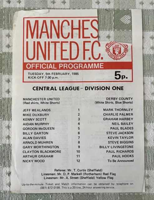Football Programme - Manchester Utd Reserves v Derby County - CL Div 1, 5 Feb 85