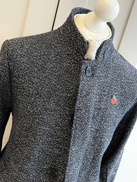 NWD Mens navy blue white funnel neck military wool coat L 42 44 tweed winter