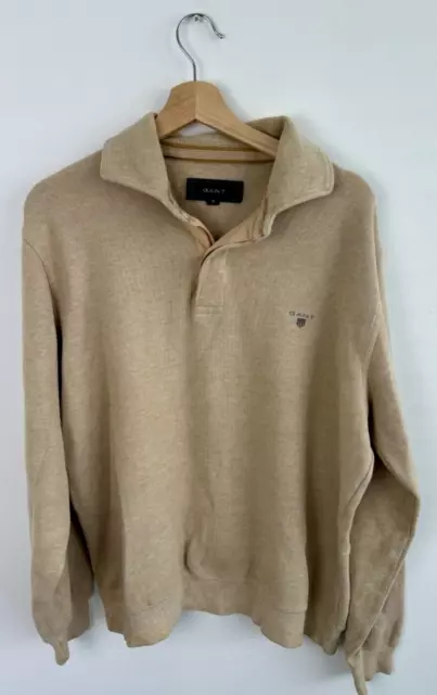 Gant USA Cotton Jumper Sweater Quarter Button Pullover Beige Medium M