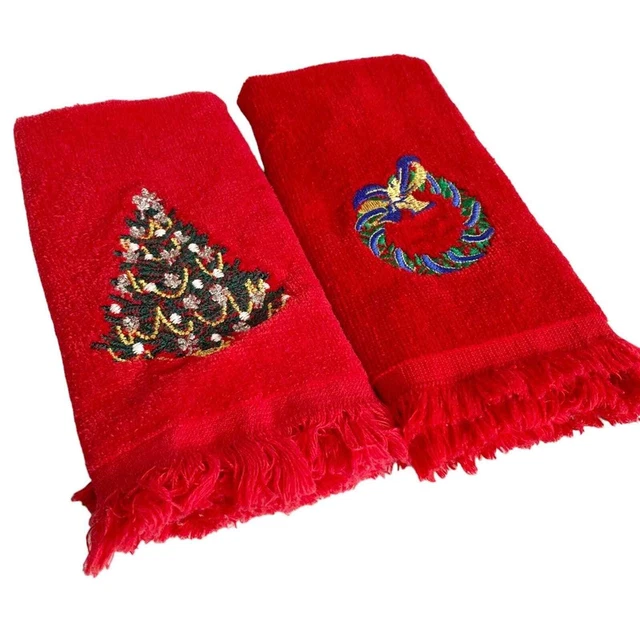Juego de 2 toallas de baño vintage y punta de dedo de Navidad de algodón rojo 11x14 corona de árbol