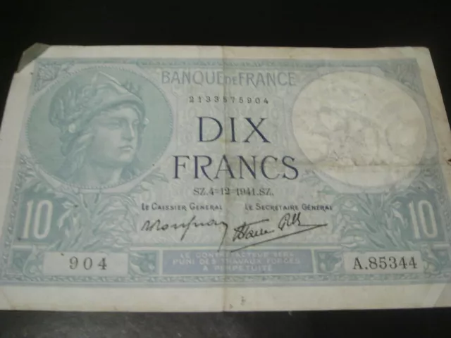 French  10  Francs  Banknote  04/12/1941   Dix  Francs  Banque De France