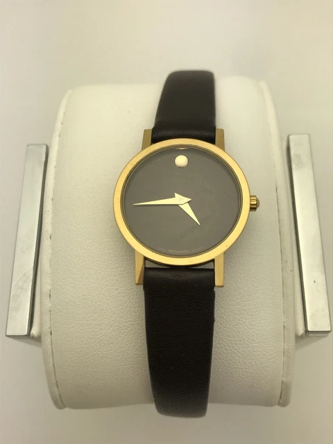 Movado Ladies Black Museum Dial Black Leather Strap Watch 0690574