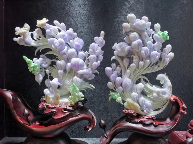 Chinese Exquisite Handmade Phoenix carving Lavender Jadeite Jade Statue