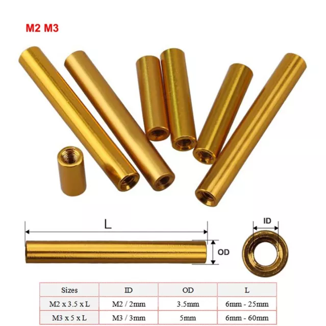 Gold M2 M3 Aluminum Round Threaded Sleeve Standoff Pillar Long Nuts Connector