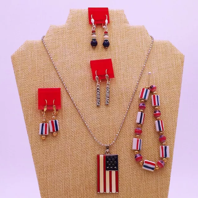 Patriotic Jewelry Set Handmade necklace earrings bracelets Red White Blue USA