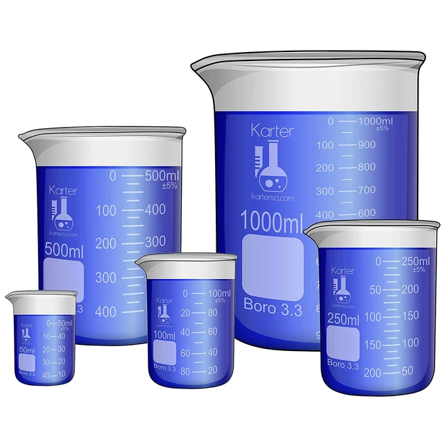 5 Pack Glass Lab Pyrex Beaker Set Measuring Cup 50/100/250/500/1000 ML White