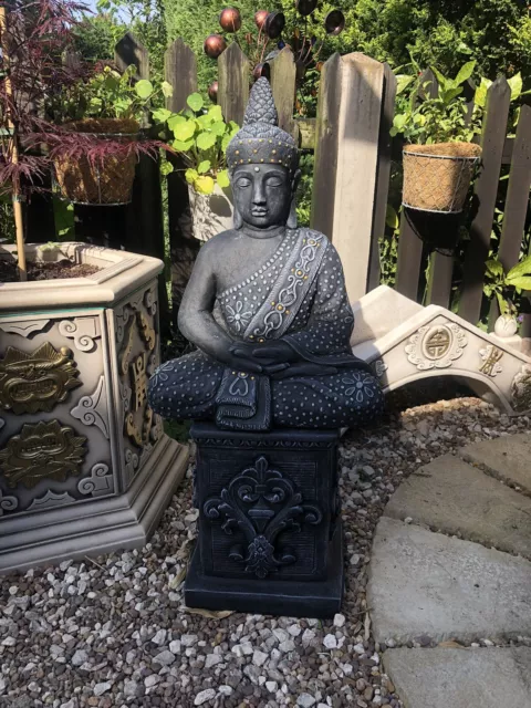 Concrete Garden Ornament Buddha On Plinth -  Stone Statue
