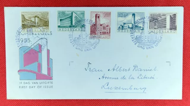 ZAYIX - 1955 Netherlands B276-80 / Mi 655-59 / NVPH E21 rare FDC - architecture