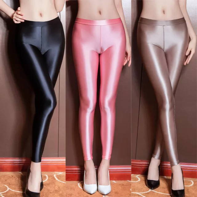 Women Shiny Glossy Opaque Leggings Super Elastic Slim Trousers Yoga Pants