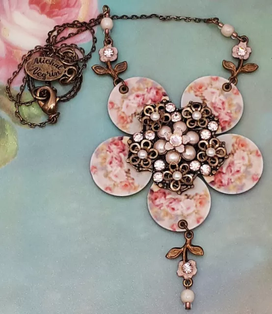 Michal Negrin Necklace Retro Petals Victorian Flower Crystal Pearl Drop Pendant