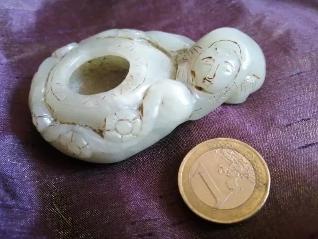 19C Qing White Nephrite Jade Boy & Flowers Brush Washer / Scholar's Item