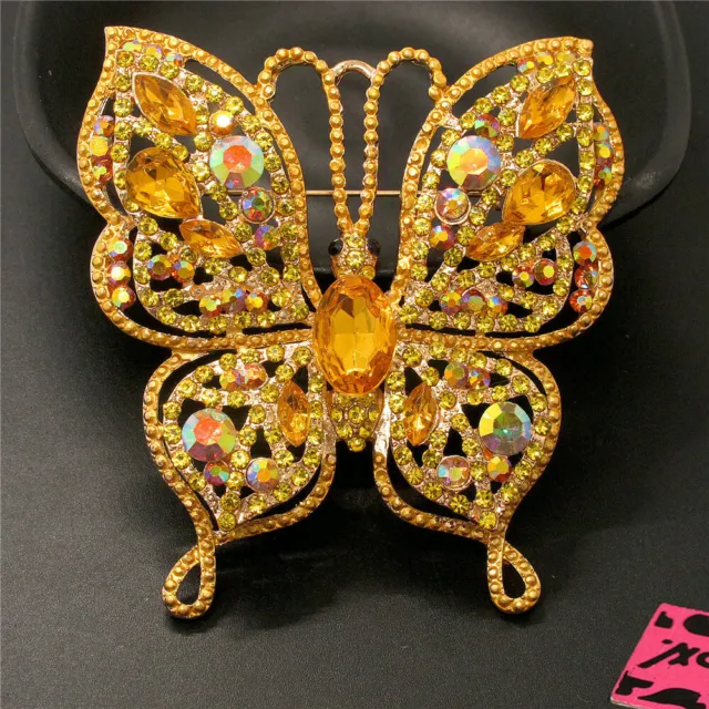 Gifts Yellow Bling Rhinestone Flower Butterfly Fashion Women Charm Brooch Pin