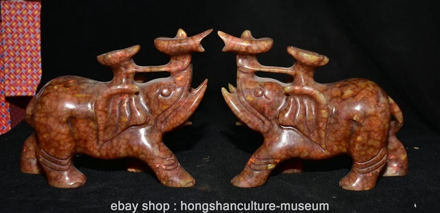 8.8" Chinese Natural Xiu Jade Carving Ru Yi Elephant Statue Sculpture Pair