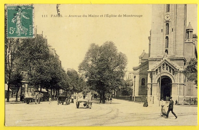 cpa Vue RARE 75 - PARIS en 1908 Avenue du MAINE et l'ÉGLISE de MONTROUGE Animés
