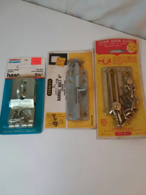 Door Hardware Lot Of 3 New NOS Barrel Bolt, hasp, chain door guard