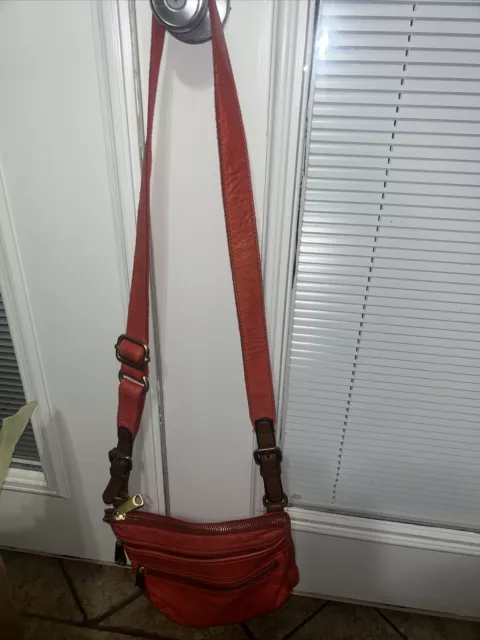 Fossil Crossbody Handbag Red Leather Purse Shoulder Satchel Bag Large Pebbled