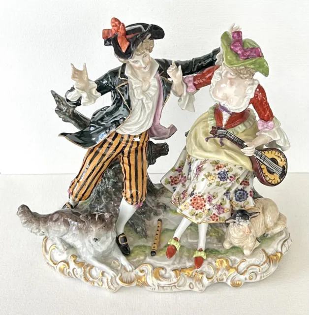 LARGE Dresden Carl Thieme Porcelain Figural Group Couple Lamb & Dog Figurine 9”H 2