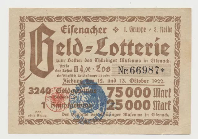 Eisenach  Eisenacher Geld  Lotterie  Oktober  1922  Los  4 Mark  RM    ( 729-C