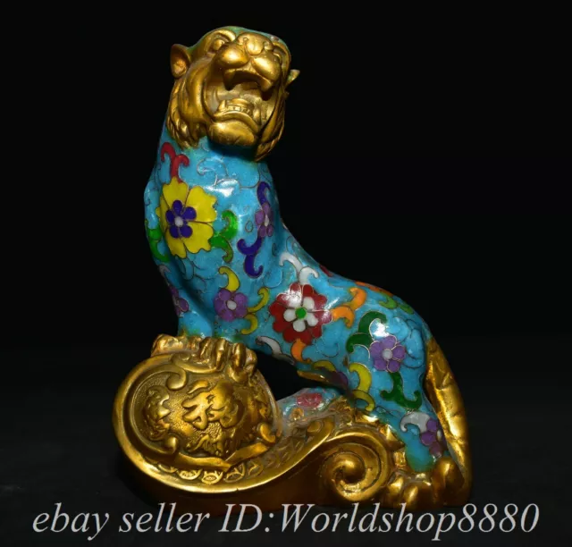 7.8" Old Chinese Bronze Gilt Cloisonne Fengshui 12 Zodiac Year Tiger Statue