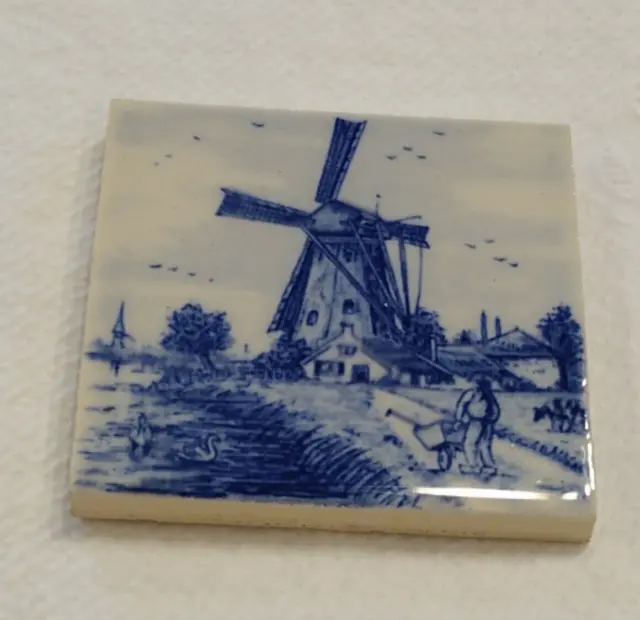 Vintage ~ Delft Hand Painted Miniature Ceramic Tile ~ Classic Windmill ~ 2x2