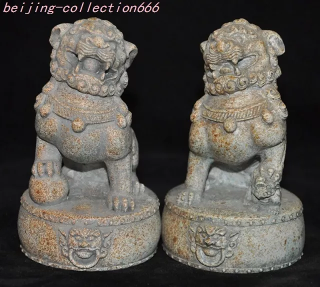 4'' old Chinese stone Carved wealth animal Lion Foo dog Exorcism statue a Pair
