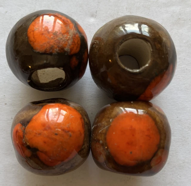 Vintage Ceramic Macrame Beads Brown Orange 70's Retro Lot of 4 Drum Round Shape