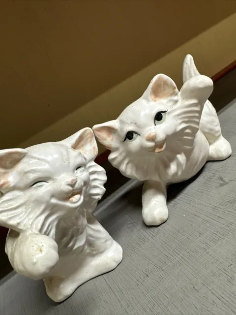 Two Vintage White Hand Painted Ceramic Playful  Cats Kittens Figurines