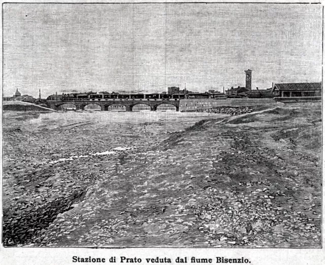 Prato: Stazione ferroviaria veduta dal fiume Bisenzio. Stampa antica del 1896