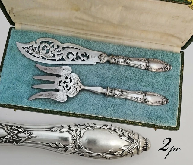 French Sterling Silver Handled 2pc Fish Serving Set - Fork & Knife, Laurel decor