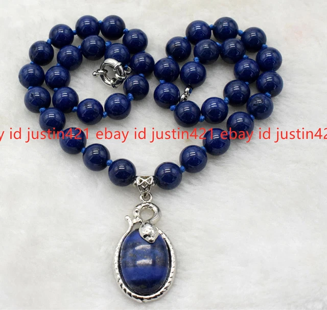 Natural 10mm Blue Lapis Lazuli Round Gemstone Beads Pendant Necklace 18" AAA 3