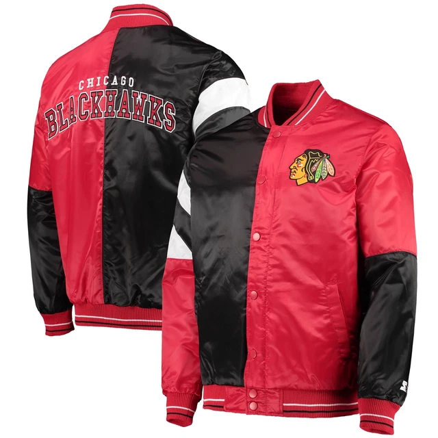 Men's Starter Red/Black Chicago Blackhawks The Leader Varsity Satin Full-Snap