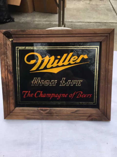 Vintage Miller High Life Champagne of Beers Black Background Mirror Bar Sign