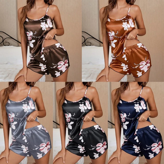 Donna Seta Set Pigiama Reggicalze Pantaloncini Pelle Amichevole Stampa Gilet
