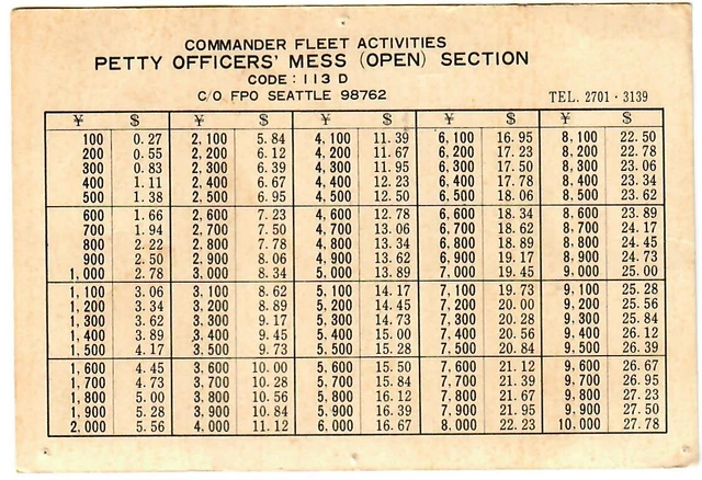 1960s Commander Fleet Activities Petty Officers' Mess Schedule Card FPO Seattle