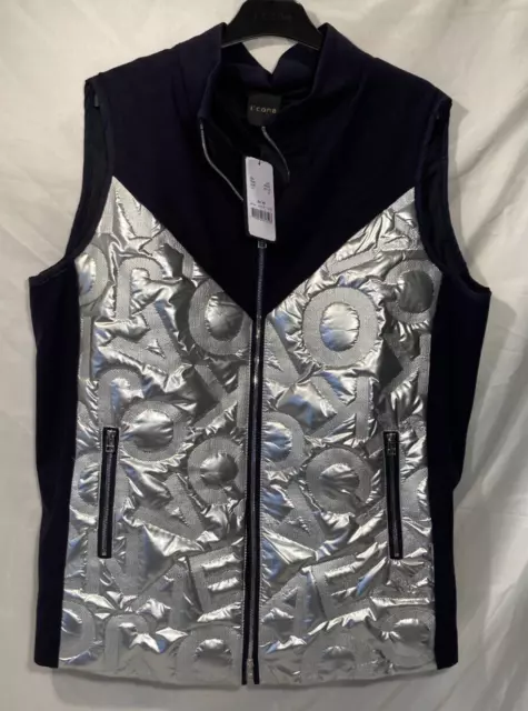 I'cona Damen metallic silber geprägtes Logo marineblaue Weste UK 18 UVP £160