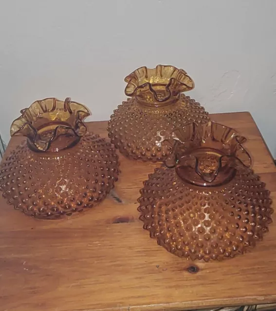 3 Fenton Amber Hobnail Ruffled Lamp Shades. Huricane Table Lamp [27]