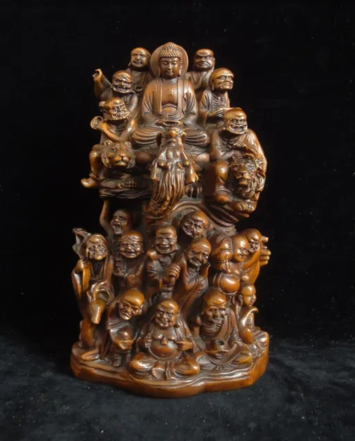 Chinese Old Hand Carving Buddha and 18 Arhats "LuoHan" Boxwood Statue Sculpture