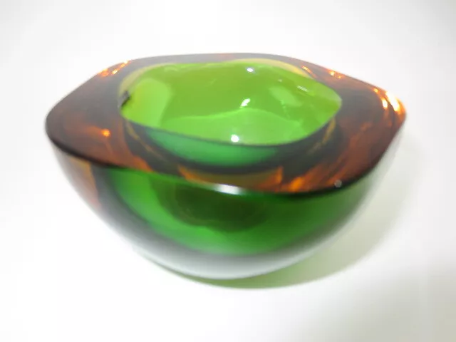 Flavio Poli Seguso pentagon shape Murano art glass sommerso green amber bowl