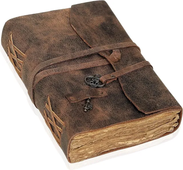 Cuaderno de cuero hecho a mano, diario, escritura, vintage, diario, regalo con llave de metal