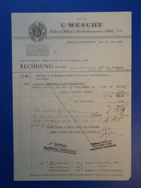 C-Wesche geg 1854 Rechnung Quedlinburg 1940 Apfelwein Fruchtschaumweinfabrik