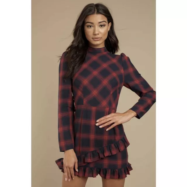 The Fifth Label Nash Mini Dress Size Large Navy & Red Ruffled Plaid Long Sleeve